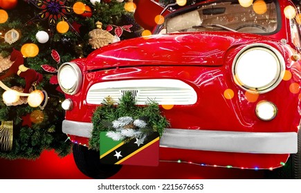 New Year's Red Car With The Flag Of Saint Kitts And Nevis Against The Backdrop Of A Colorful Christmas Background