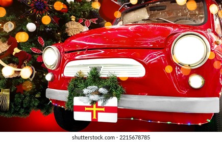 New Year's Red Car With The Flag Of Guernsey Against The Backdrop Of A Colorful Christmas Background