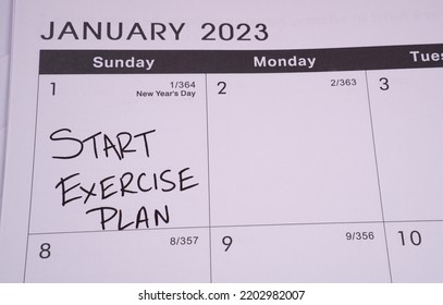 New Year's Resolution To Start Exercise Plan Marked On A Calendar.                              