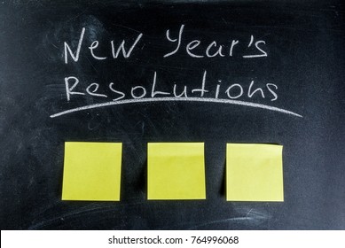 New Years Resolutions, Blackboard Background With Chalk And Blank Notes, Copy Space