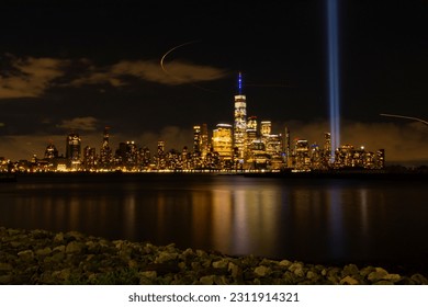 New York  09-11-2020 Tribute lights of 911 view from New Jersey