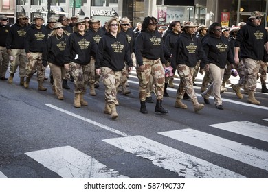 NEW YORK - 11 NOV 2016: Vets March Behind The Banner For National Desert Storm War Memorial In Americas Parade Up 5th Avenue On Veterans Day In Manhattan.