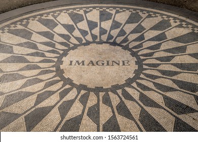 New York, New York - 2/21/17: A Memorial Grove With John Lennon's Famous Song Title, Imagine, Is Located In Central Park. The Site Is Visited By Many Tourists And Fans Of His Music.