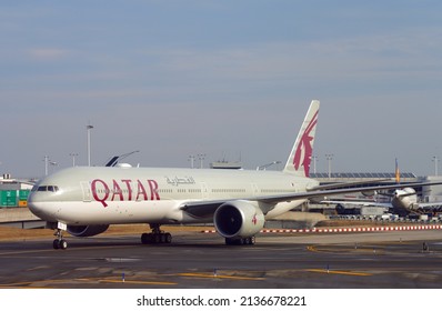 NEW YORK -6 MAR 2022- A Boeing 777-300 airplane from Qatar Airways (QR) at the John F. Kennedy International Airport (JFK) near New York City.