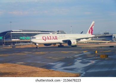 NEW YORK -6 MAR 2022- A Boeing 777-300 airplane from Qatar Airways (QR) at the John F. Kennedy International Airport (JFK) near New York City.