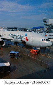 NEW YORK -6 MAR 2022- A Boeing 777-200 airplane from American Airlines (AA) at the John F. Kennedy International Airport (JFK) near New York City.