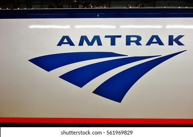 NEW YORK -7 NOV 2016- Amtrak Logo Painted On The Side Of A Northeast Corridor Train.