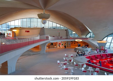 NEW YORK -8 OCT 2021- Interior view of the TWA Hotel in the landmark TWA Flight Center building designed by Eero Saarinen at the John F. Kennedy International Airport (JFK).