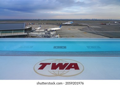NEW YORK -8 OCT 2021- View of the swimming pool on the roof of the TWA Hotel building designed by Eero Saarinen at the John F. Kennedy International Airport (JFK).