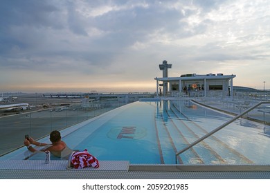 NEW YORK -8 OCT 2021- View of the swimming pool on the roof of the TWA Hotel building designed by Eero Saarinen at the John F. Kennedy International Airport (JFK).