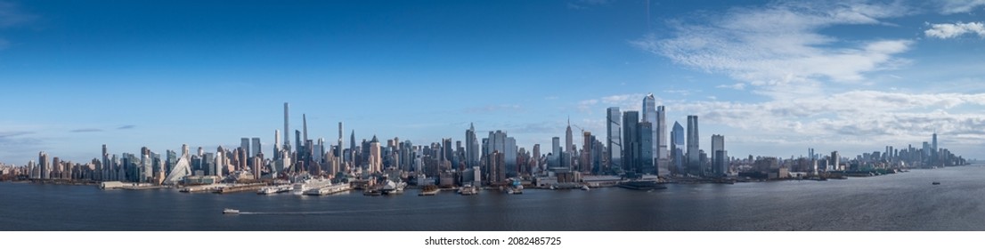 New York aerial panorama skyline with views of the Hudson Yards and skyscrapers from the New Jersey side Union City, Hoboken