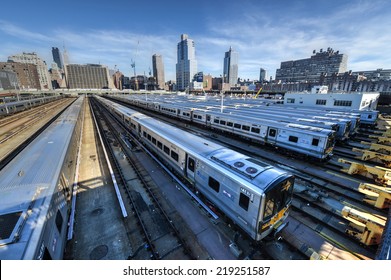 NEW YORK, NEW YORK - APRIL 20, 2014: The West Side Train Yard for Pennsylvania Station in New York City from the Highline. View of the railcars for the Long Island Railroad. 