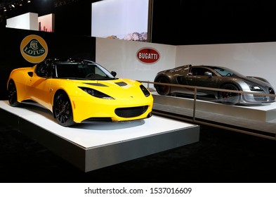 NEW YORK - APRIL 24, 2014: Lotus luxury sport car on display during New York International Auto Show. Lotus Cars is a British automotive company that manufactures sports cars and racing cars 