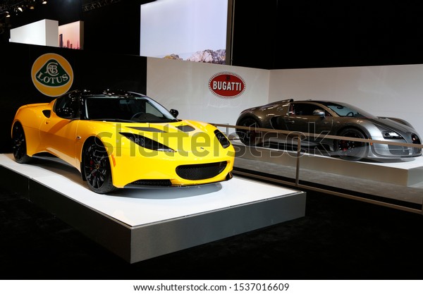 NEW YORK - APRIL 24, 2014: Lotus luxury sport car on\
display during New York International Auto Show. Lotus Cars is a\
British automotive company that manufactures sports cars and racing\
cars 