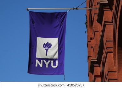 NEW YORK - APRIL 24, 2016: NYU flag on historic Puck Building at Wagner Graduate School of Public Service in Lower Manhattan