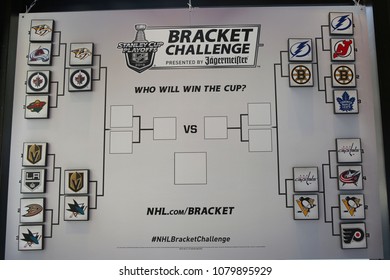 NEW YORK - APRIL 26, 2018: The NHL Shop Decoration Showing Stanley Cup 2018 Bracket Challenge In Midtown Manhattan. 