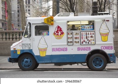 NEW YORK - APRIL 27: Ice cream truck in midtown Manhattan on April 27, 2014.  Mister Softee is a United States-based ice cream truck franchisor popular in the Northeast founded in 1956 