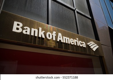 NEW YORK - APRIL 30, 2016: Bank of America logo in manhattan. Bank of America is an American multinational banking and financial services corporation headquartered in Charlotte, North Carolina.