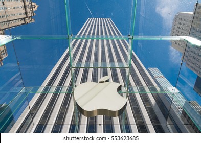 NEW YORK - APRIL 30, 2016: Apple Logo Seen From Inside The Apple Store On 5th Avenue 