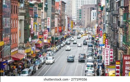 NEW YORK - APRIL 5, 2015: Aerial Photo Of One Of The Main Streets In Chinatown In New York City.  The Neighborhood Is Home To The Largest Population Of Chinese People In The Western Hemisphere.