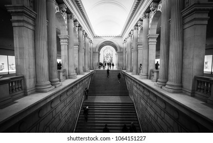 NEW YORK, NEW YORK - APRIL 5, 2018: Black And White Stairs At The Metropolitan Museum Of Art In New York City