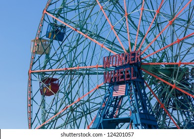 NEW YORK - AUGUST 12: Wonder Wheel located at Deno's Wonder Wheel Amusement Park in Coney Island NY on August 12, 2012. Wonder Wheel was build in 1920 and was declared a historic landmark in 1989