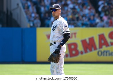 NEW YORK: AUGUST 17 - Derek Jeter stares at the camera at a game at Yankee Stadium on August 17, 2008., bronx bombers