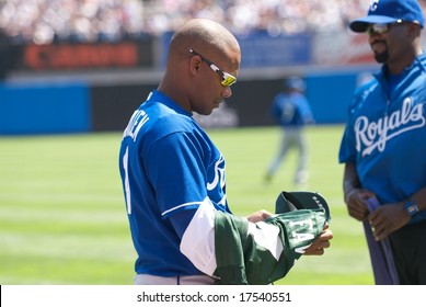 NEW YORK: AUGUST 17 - Jose Guillen Of The Royals Takes Off A Brett Favre At Yankee Stadium On August 17, 2008.