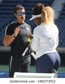 NEW YORK - AUGUST 20, 2019: Grand Slam Champion Serena Williams With Her Coach Patrick Mouratoglou During Practice For The 2019 US Open At Billie Jean King National Tennis Center