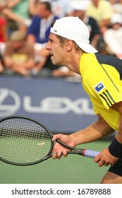 NEW YORK, August 2008 - US OPen: Jurgen Melzer, Tennis Player From Austria Preparing To Return A Serve During A Match