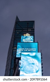 New York, New York - August 2021:  Looking Up At The 2021 New Years Eve Ball Above Times Square. This Tourist Attraction Is Known For Its Bright Lights And Commercial Displays. 