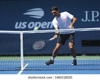 NEW YORK - AUGUST 22, 2019: 20-time Grand Slam Champion Roger Federer Of Switzerland Practices For The 2019 US Open At Billie Jean King National Tennis Center