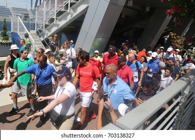 NEW YORK - AUGUST 23, 2017: Nineteen Times Grand Slam Champion Roger Federer Of Switzerland Walking Toward Grandstand Stadium Surrounded By Tennis Fans During US Open 2017