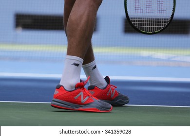 NEW YORK - AUGUST 25, 2015: Professional tennis player Milos Raonic of Canada wears custom New Balance tennis shoes during practice  at US Open 2015 at Billie Jean King National Tennis Center