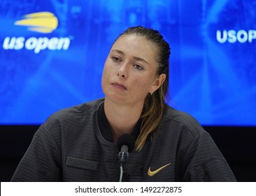 NEW YORK - AUGUST 26, 2019: Five times Grand Slam Champion Maria Sharapova of Russia during press conference after her loss to Serena Williams in 2019 US Open first round match in New York
