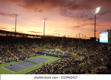 NEW YORK - AUGUST 27, 2019: Grandstand Stadium During Sunset At Billie Jean King National Tennis Center During 2019 US Open Match In New York