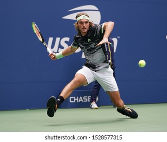 NEW YORK - AUGUST 27, 2019: Professional Tennis Player Stefanos Tsitsipas Of Greece In Action During His 2019 US Open First Round Match At Billie Jean King National Tennis Center In New York