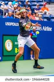 NEW YORK - AUGUST 27, 2019: Professional Tennis Player Stefanos Tsitsipas Of Greece In Action During His 2019 US Open First Round Match At Billie Jean King National Tennis Center In New York