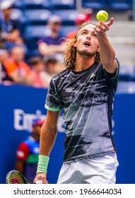 NEW YORK - AUGUST 27, 2019: Professional Tennis Player Stefanos Tsitsipas Of Greece In Action During His 2019 US Open First Round Match At Billie Jean King National Tennis Center In New York