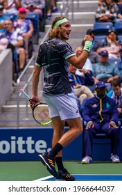 NEW YORK - AUGUST 27, 2019: Professional Tennis Player Stefanos Tsitsipas Of Greece In Action During His 2019 US Open First Round Match At Billie Jean King National Tennis Center In New York