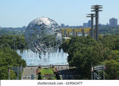 NEW YORK - AUGUST 28, 2016: 1964 New York World's Fair Unisphere in Flushing Meadows Park. It is the world's largest global structure, rising 140 feet and weighing 700 000 pounds