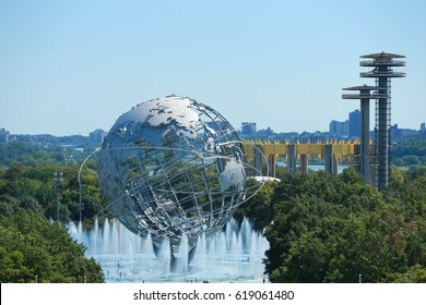 NEW YORK - AUGUST 28, 2016: 1964 New York World's Fair Unisphere in Flushing Meadows Park. It is the world's largest global structure, rising 140 feet and weighing 700 000 pounds