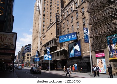 New York, New York - August 29, 2015 - Broadway's Majestic Theatre, featuring a marquee for the musical "Phantom of the Opera"