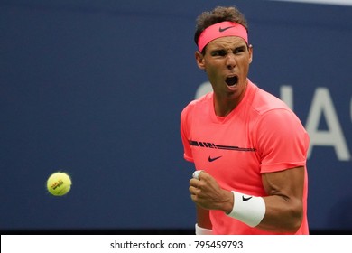 NEW YORK - AUGUST 29, 2017: Grand Slam champion Rafael Nadal of Spain in action during his US Open 2017 first round match at Billie Jean King National Tennis Center