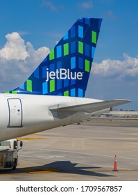 NEW YORK- AUGUST 3, 2019: JetBlue Plane Tail Fin At John F Kennedy International Airport In New York 