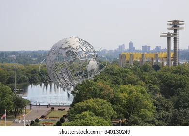 NEW YORK - AUGUST 30, 2015: 1964 New York World's Fair Unisphere in Flushing Meadows Park. It is the world's largest global structure, rising 140 feet and weighing 700 000 pounds