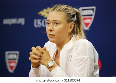 NEW YORK - AUGUST 30, 2015:Five times Grand Slam Champion Maria Sharapova during press conference before US Open 2015. Next day Maria withdraws from US Open with leg injury. 