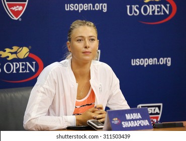 NEW YORK - AUGUST 30, 2015:Five times Grand Slam Champion Maria Sharapova during press conference before US Open 2015. Next day Maria withdraws from US Open with leg injury. 