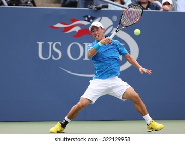 NEW YORK - AUGUST 31, 2015: Professional tennis player Kei Nishikori of Japan in action during first round match at US Open 2015 at Billie Jean King National Tennis Center in New York