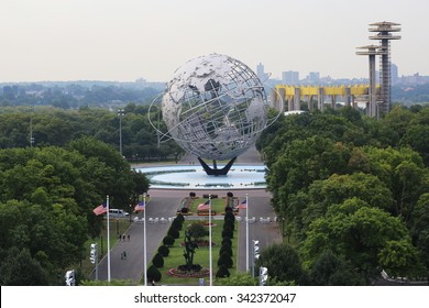 NEW YORK - AUGUST 31, 2015: 1964 New York World's Fair Unisphere in Flushing Meadows Park. It is the world's largest global structure, rising 140 feet and weighing 700 000 pounds